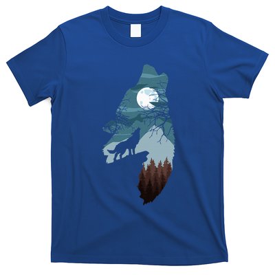 Forest With Fullmoon And Cliff Of Silhouette Howling Wolf T-Shirt