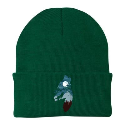 Forest With FullMoon And Cliff Of Silhouette Howling Wolf Knit Cap Winter Beanie