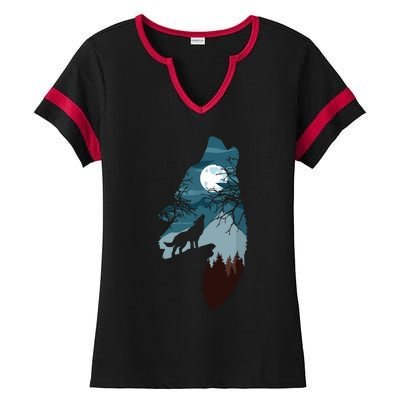 Forest With FullMoon And Cliff Of Silhouette Howling Wolf Ladies Halftime Notch Neck Tee