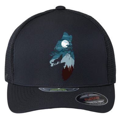 Forest With FullMoon And Cliff Of Silhouette Howling Wolf Flexfit Unipanel Trucker Cap