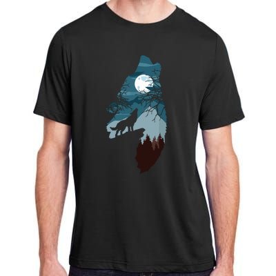 Forest With FullMoon And Cliff Of Silhouette Howling Wolf Adult ChromaSoft Performance T-Shirt