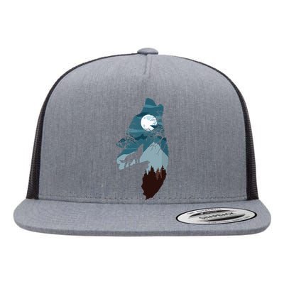 Forest With FullMoon And Cliff Of Silhouette Howling Wolf Flat Bill Trucker Hat