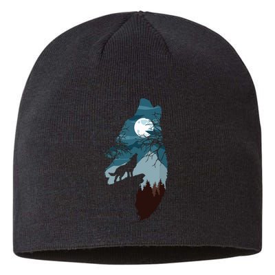 Forest With FullMoon And Cliff Of Silhouette Howling Wolf Sustainable Beanie