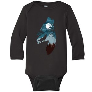 Forest With FullMoon And Cliff Of Silhouette Howling Wolf Baby Long Sleeve Bodysuit