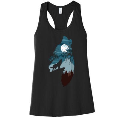 Forest With FullMoon And Cliff Of Silhouette Howling Wolf Women's Racerback Tank