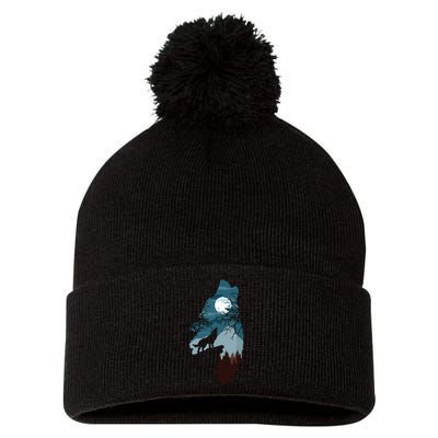 Forest With FullMoon And Cliff Of Silhouette Howling Wolf Pom Pom 12in Knit Beanie