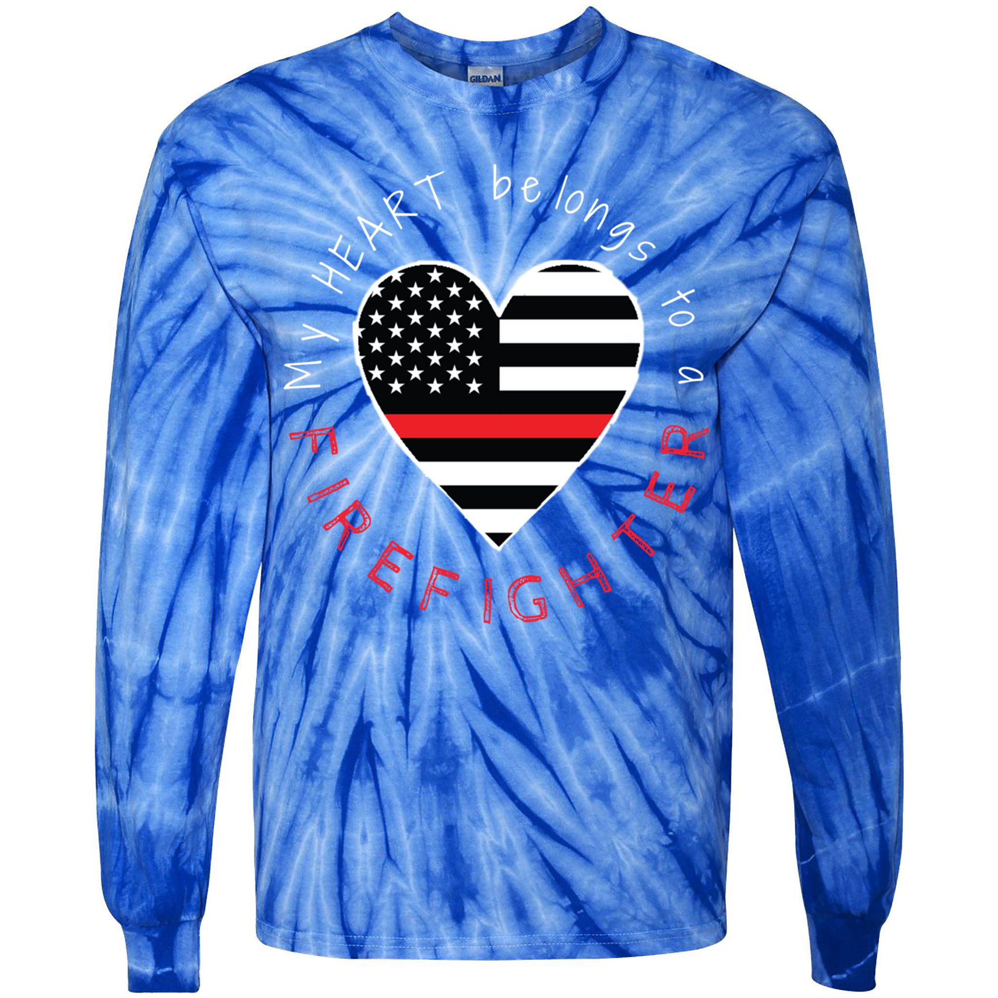 Firefighter Wife Girlfriend Thin Red Line Heart Flag Fire Gift Tie-Dye Long Sleeve Shirt