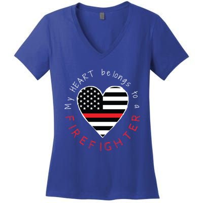 Firefighter Wife Girlfriend Thin Red Line Heart Flag Fire Gift Women's V-Neck T-Shirt