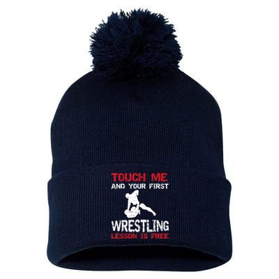 Funny Wrestling Gift First Lesson Is Free Wrestler Gift Pom Pom 12in Knit Beanie