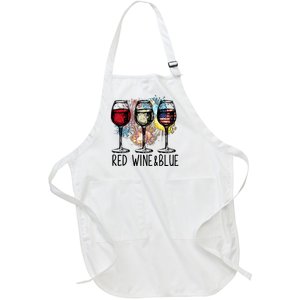 Funny Wine Glass Red White Blue Firework Happy 4th Of July Full-Length Apron With Pockets