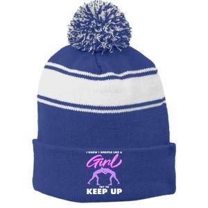 Funny Wrestler Gift Cool Female Wrestling Lover Athlete Gift Stripe Pom Pom Beanie