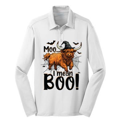 Funny Witch Highland Cow Halloween Costume Moo I Mean Boo Sweat Silk Touch Performance Long Sleeve Polo