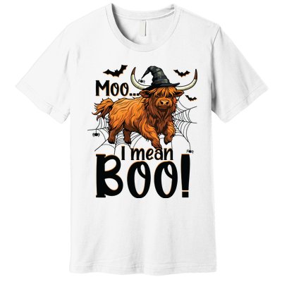 Funny Witch Highland Cow Halloween Costume Moo I Mean Boo Sweat Premium T-Shirt