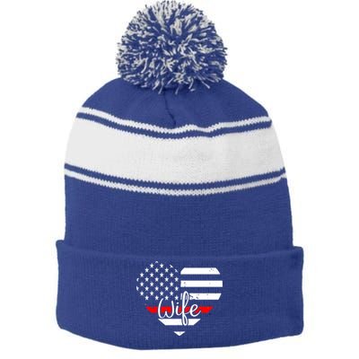 Firefighter Wife Heart Shape Us Flag Fire Fighter Spouse Gift Stripe Pom Pom Beanie