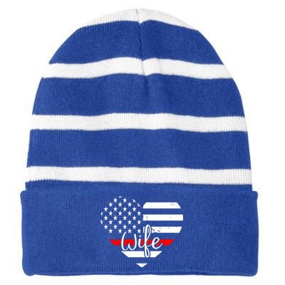 Firefighter Wife Heart Shape Us Flag Fire Fighter Spouse Gift Striped Beanie with Solid Band