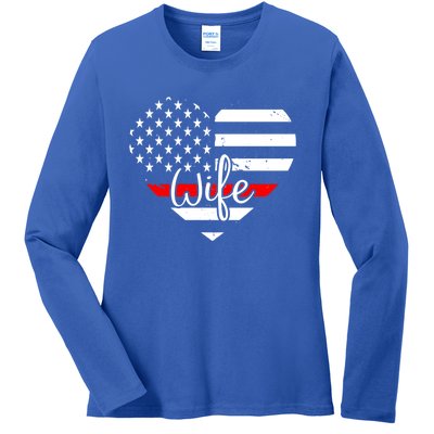 Firefighter Wife Heart Shape Us Flag Fire Fighter Spouse Gift Ladies Long Sleeve Shirt