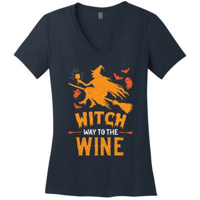 Funny Witch Halloween Costume. Witch Way To The Wine Women's V-Neck T-Shirt