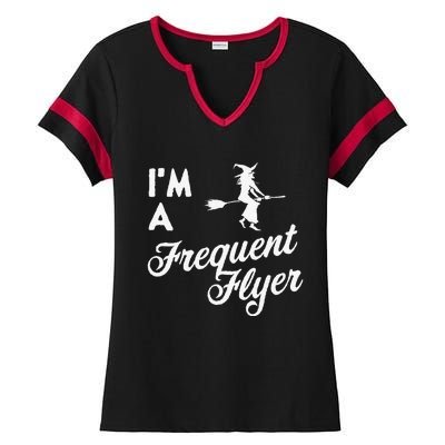 Funny Women Halloween Im A Frequent Flyer Witch Ladies Halftime Notch Neck Tee