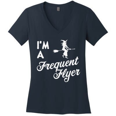 Funny Women Halloween Im A Frequent Flyer Witch Women's V-Neck T-Shirt