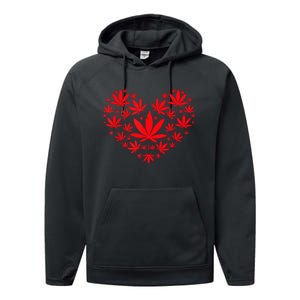 Funny Weed Heart Valentines Day Cannabis 420 Pot Stoner Performance Fleece Hoodie