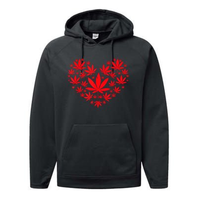 Funny Weed Heart Valentines Day Cannabis 420 Pot Stoner Performance Fleece Hoodie