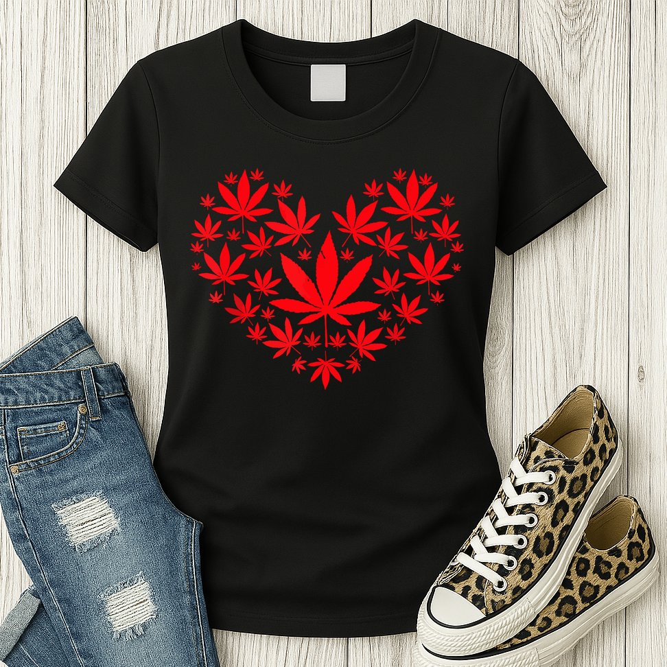 Funny Weed Heart Valentines Day Cannabis 420 Pot Stoner Womens T-Shirt