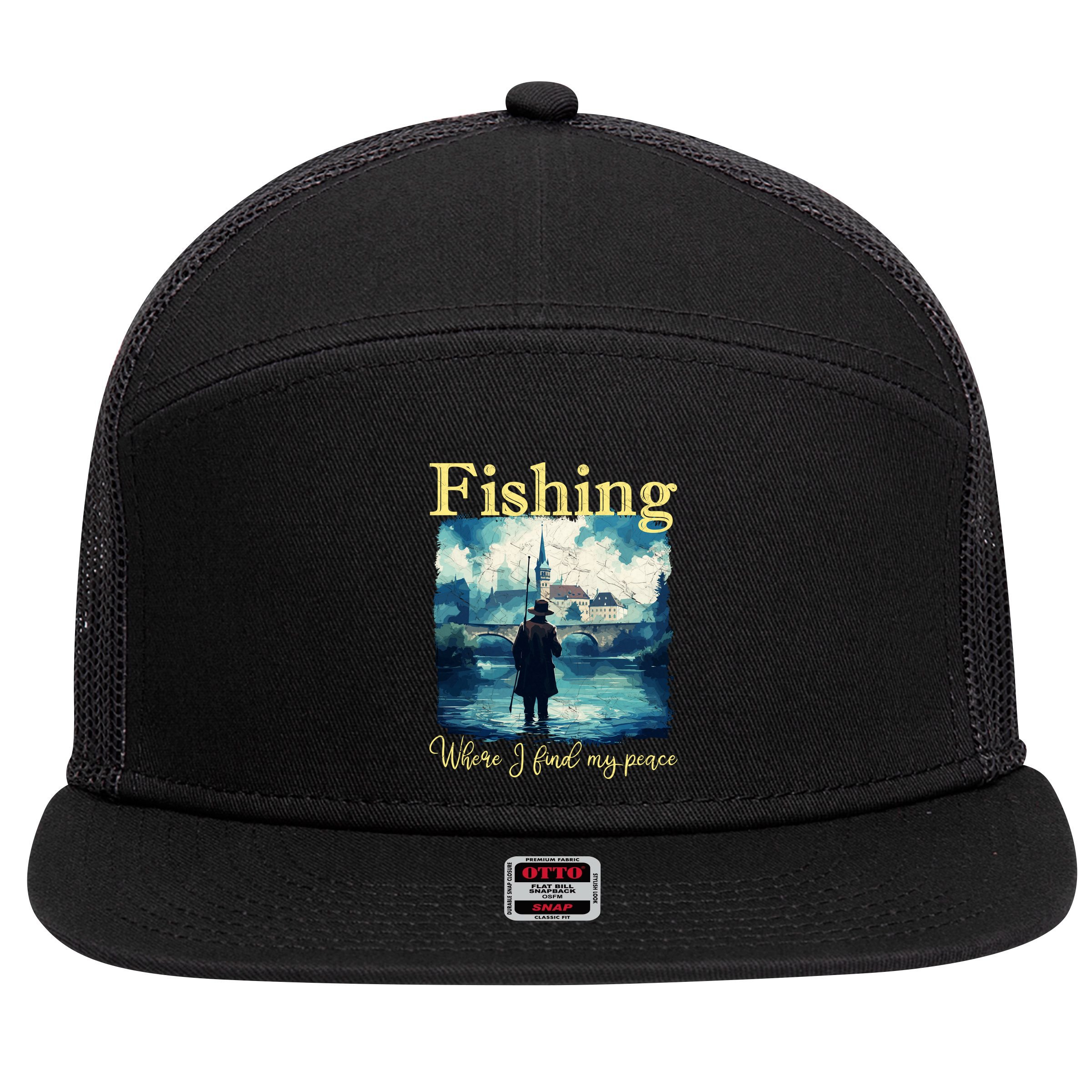 Fishing: Where I Find My Peace 7 Panel Mesh Trucker Snapback Hat