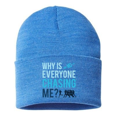 Funny Why Is Everyone Chasing Me Cross Country Gift Xc Coach Gift Sustainable Knit Beanie