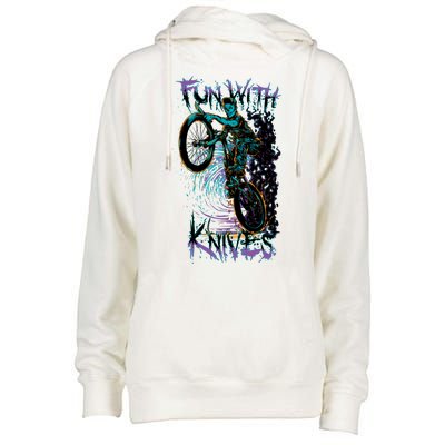 Fun With Knives Bike Trickster Rider Womens Funnel Neck Pullover Hood