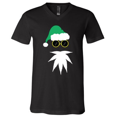 Funny Weed Leaf Santa Beard Naughty Christmas Marijuana V-Neck T-Shirt