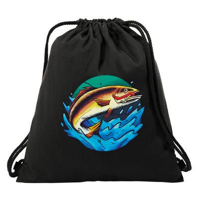Fishing Worm Lake Drawstring Bag