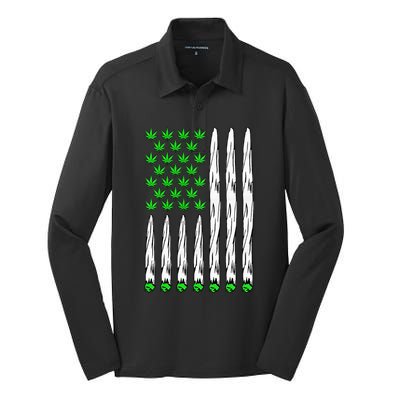 Funny Weed Leaf Flag Cannabis 4th Of July Silk Touch Performance Long Sleeve Polo