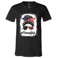 Fire Wife Life Firefighters Wife Women Messy Bun Bleached V-Neck T-Shirt