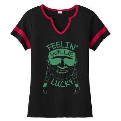 Feelin Willie Lucky Feeling Lucky St. Patrick's Day Funny Willie Nelson Ladies Halftime Notch Neck Tee