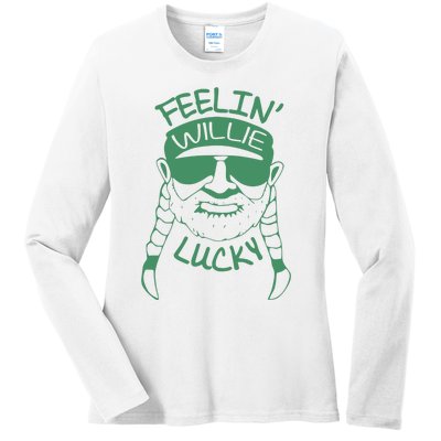 Feelin Willie Lucky Feeling Lucky St. Patrick's Day Funny Willie Nelson Ladies Long Sleeve Shirt