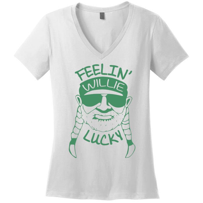 Feelin Willie Lucky Feeling Lucky St. Patrick's Day Funny Willie Nelson Women's V-Neck T-Shirt