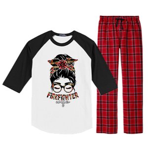 Fire Wife Life Firefighter's Wife Messy Bun Mom Leopard Gift Raglan Sleeve Pajama Set