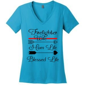 Firefighter Wife Mom Life Blessed Life Funny Fires Wife Gift Women's V-Neck T-Shirt