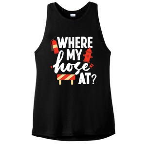 Firefighter Where My Hose At Gift Ladies PosiCharge Tri-Blend Wicking Tank