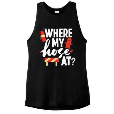 Firefighter Where My Hose At Gift Ladies PosiCharge Tri-Blend Wicking Tank