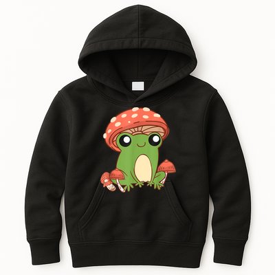 Frog With Mushroom Hat Cute Cottagecore Aesthetic Kids Hoodie