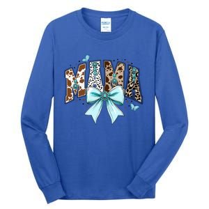 Fall Western Mama Cow Print Coquette Bow Mama Cowhide Mama Funny Gift Tall Long Sleeve T-Shirt