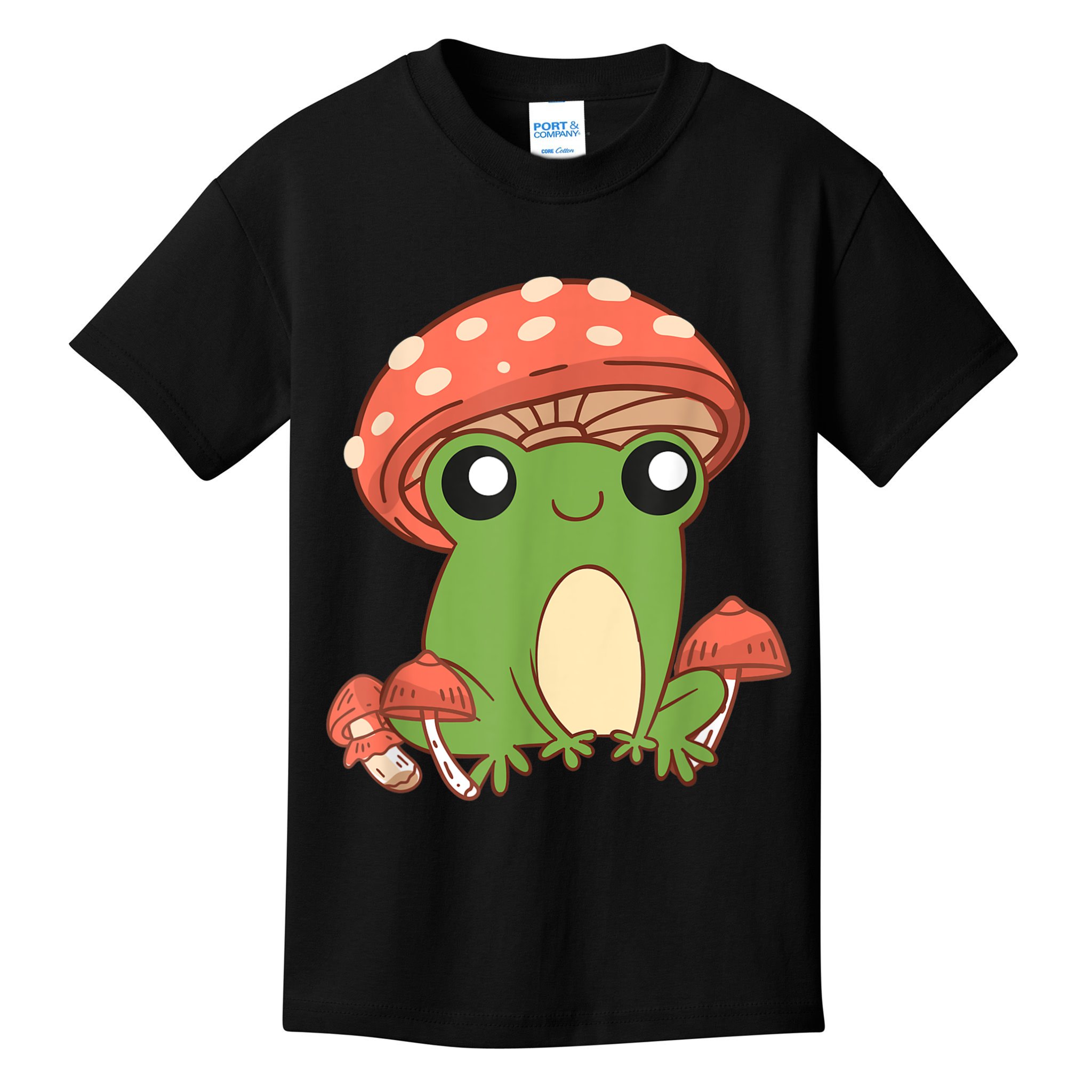 Frog With Mushroom Hat Cute Cottagecore Aesthetic Kids T-Shirt
