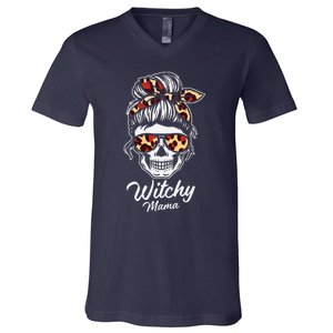 Funny Witchy Mama Skull Witch Mom Women Spooky Halloween Day V-Neck T-Shirt