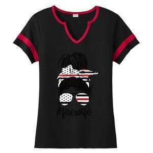 Fire Wife Messy Bun Firefighter Wife Thin Red Line Husband Great Gift Ladies Halftime Notch Neck Tee