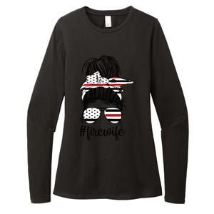 Fire Wife Messy Bun Firefighter Wife Thin Red Line Husband Great Gift Womens CVC Long Sleeve Shirt