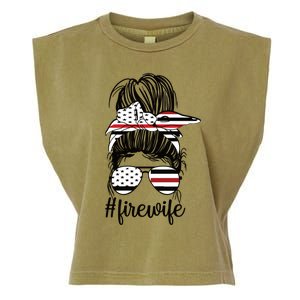 Fire Wife Messy Bun Firefighter Wife Thin Red Line Husband Great Gift Garment-Dyed Women's Muscle Tee