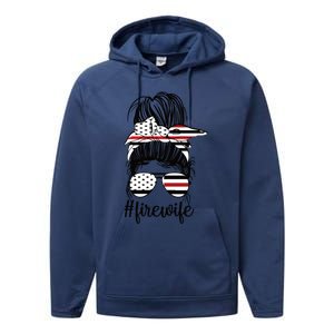 Fire Wife Messy Bun Firefighter Wife Thin Red Line Husband Great Gift Performance Fleece Hoodie