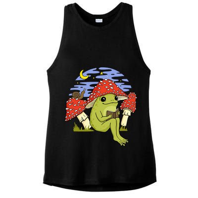 Frog With Mushroom Hat Cottagecore Goblincore Book Lover Ladies PosiCharge Tri-Blend Wicking Tank