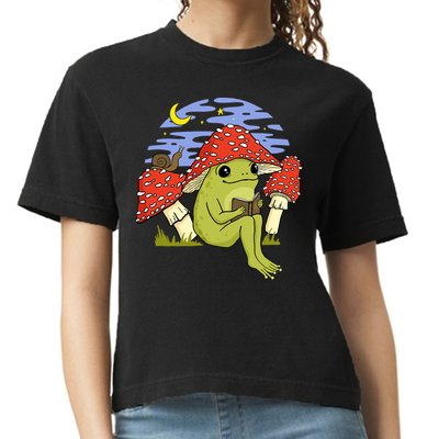 Frog With Mushroom Hat Cottagecore Goblincore Book Lover Comfort Colors Boxy T-Shirt